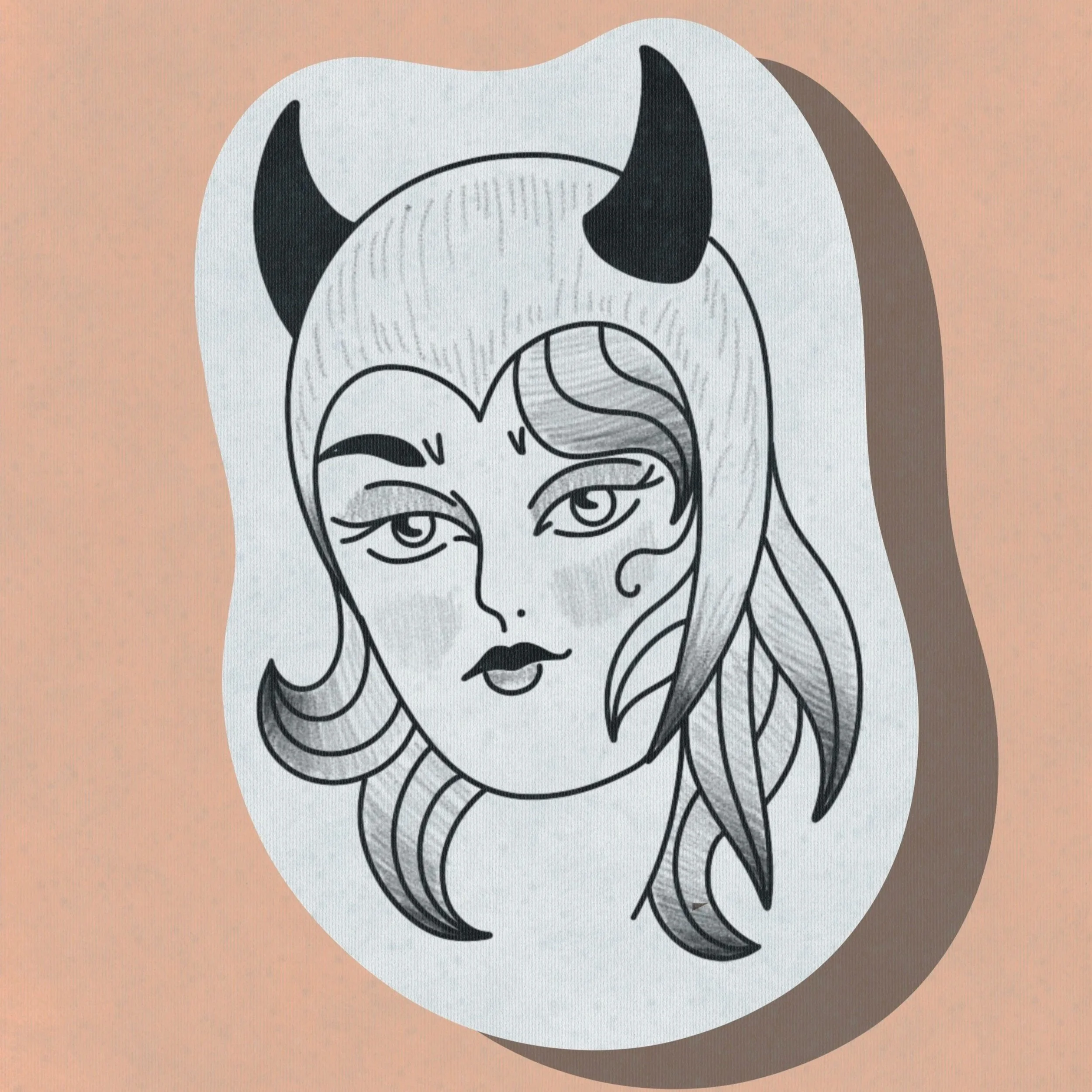 A black and white illustration of a woman with long wavy hair and devil horns.