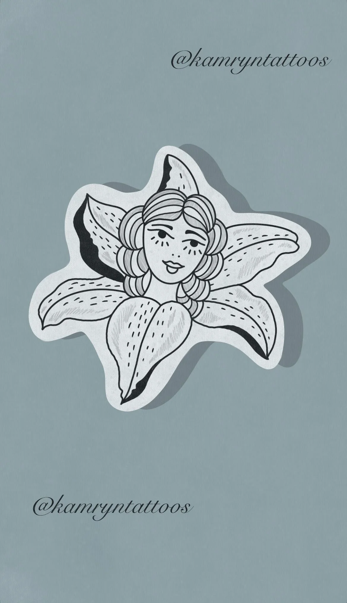 A black and white sticker of a woman with long hair, smiling, with her face inside the petals of a flower, on a gray background with '@kamryntattoos' written twice.