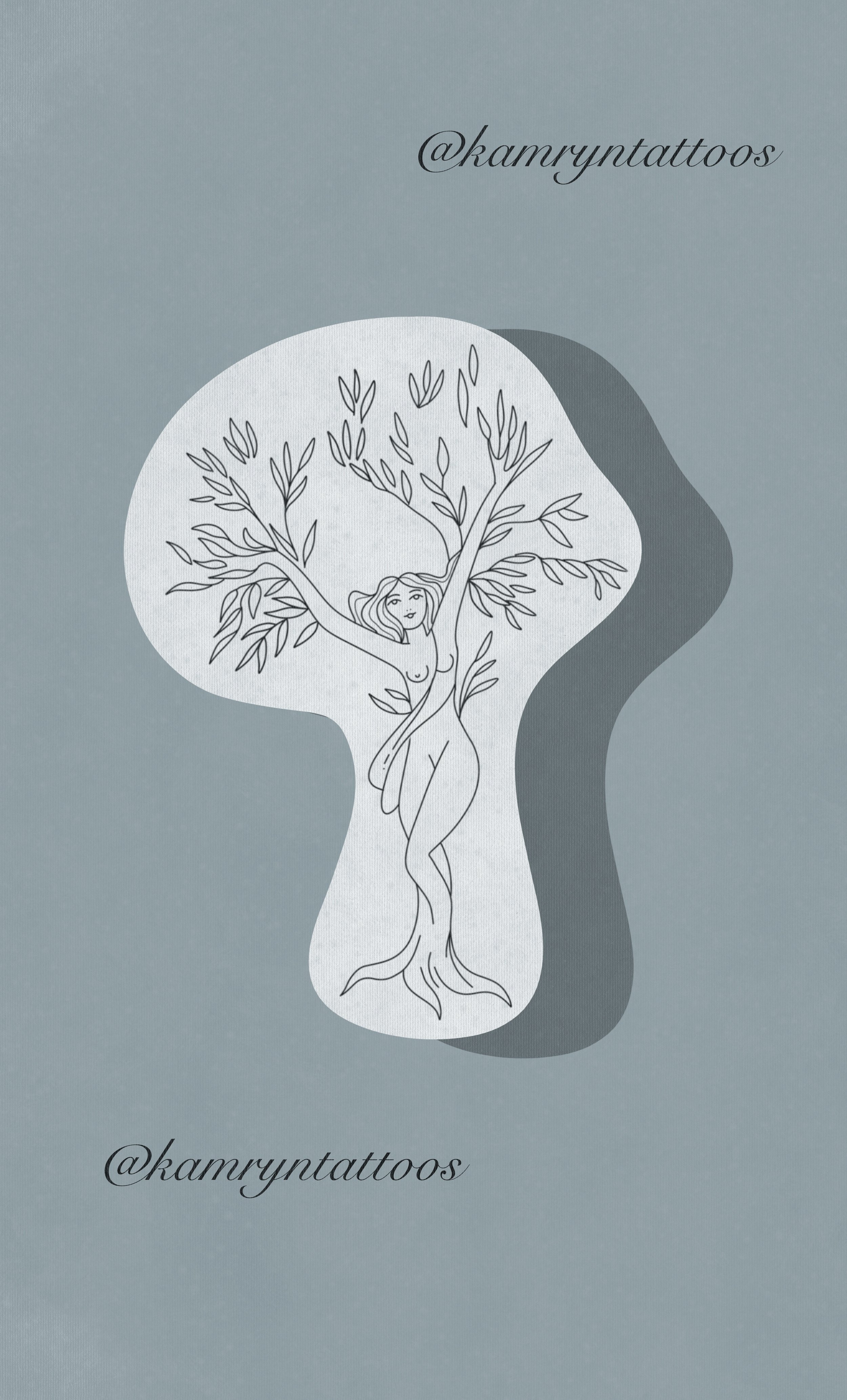 Line drawing of a woman with tree branches and leaves growing from her hair and body, with the Instagram handle @kamryntattoos.