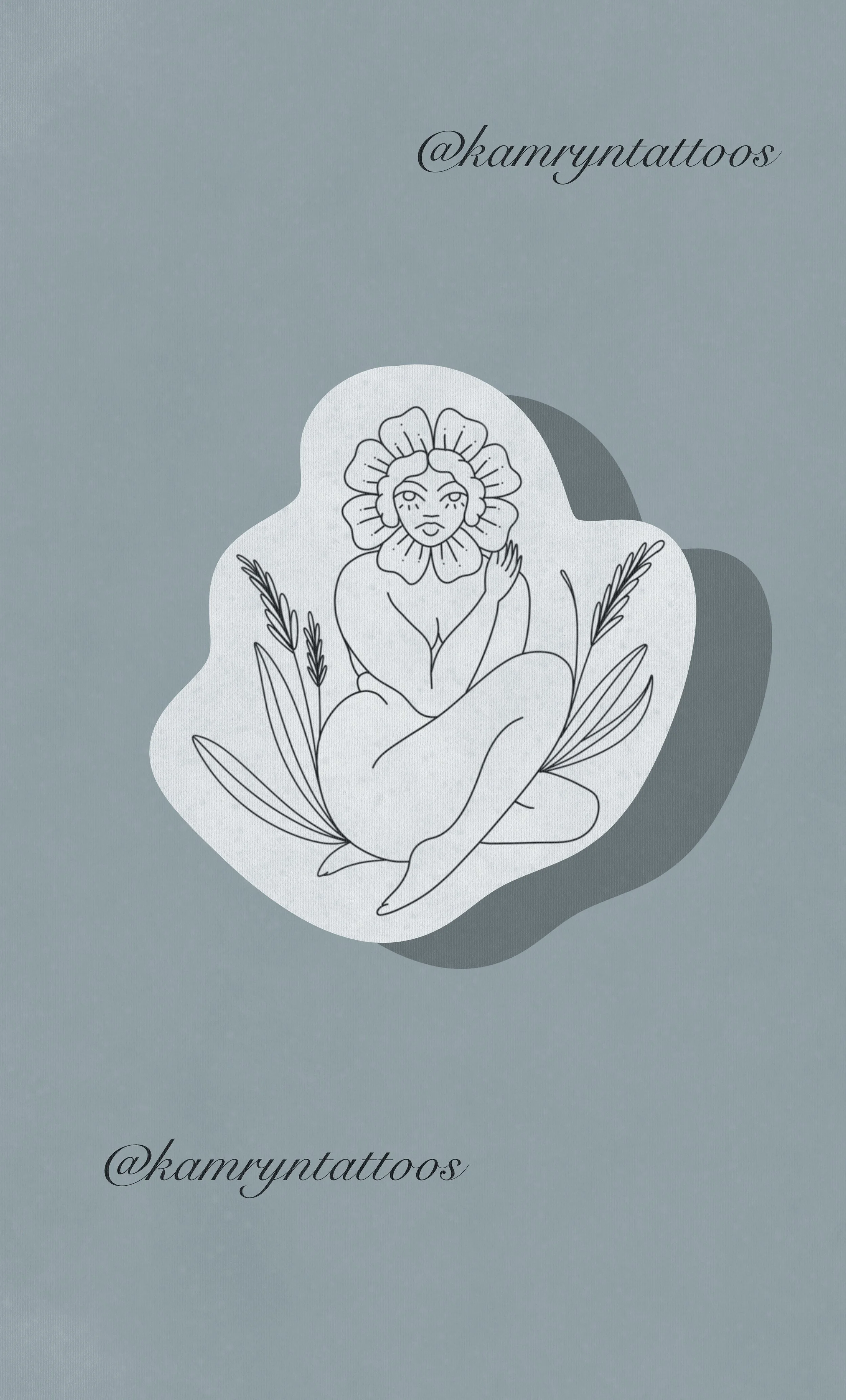 Line art tattoo design of a woman with a flower for hair, surrounded by leaves, with @kamryntattoos written above and below.