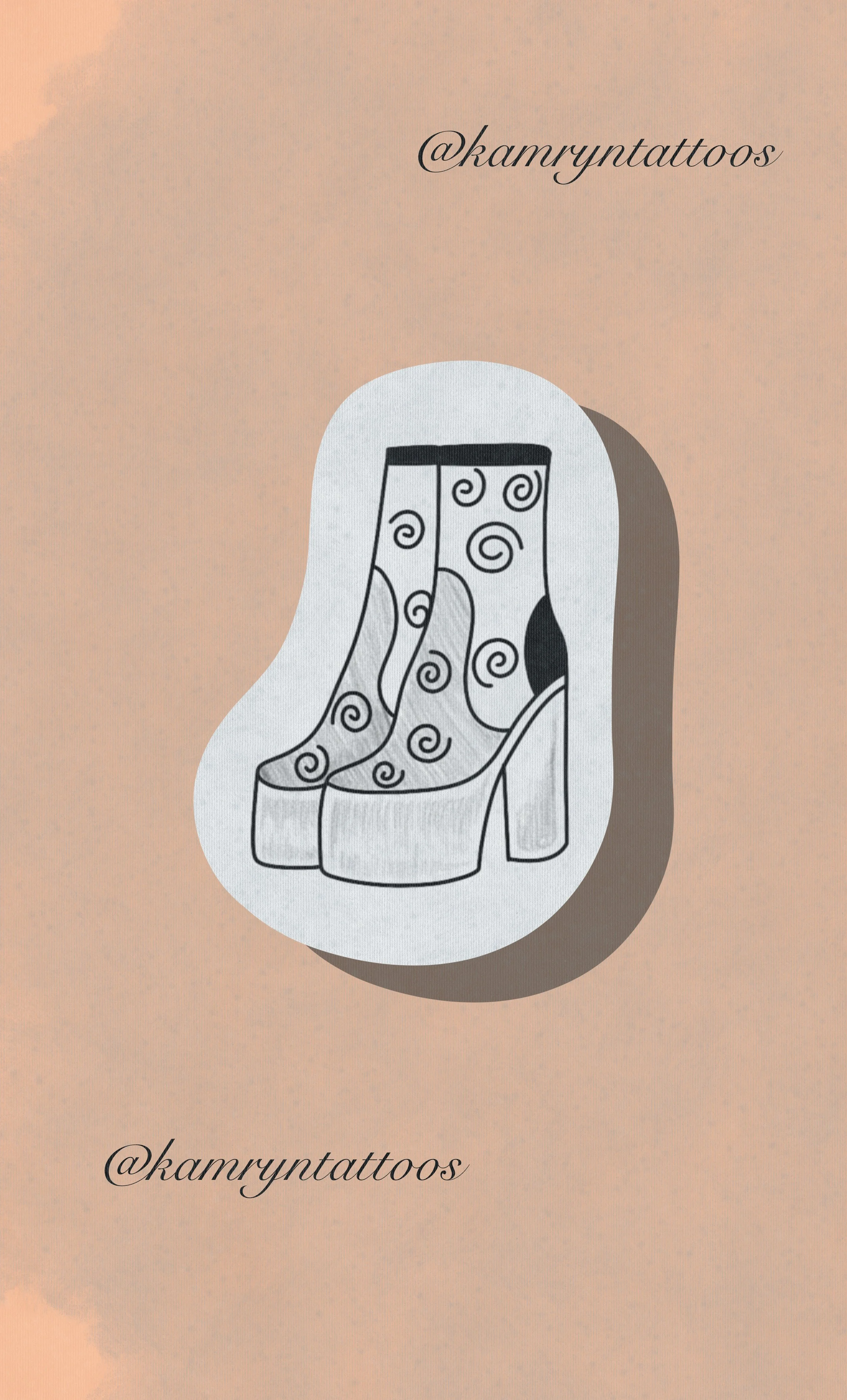 Line drawing of a pair of high-heeled boots with spiral patterns, on a light background with the Instagram handle '@kamryntattoos' written twice, once at the top and once at the bottom.