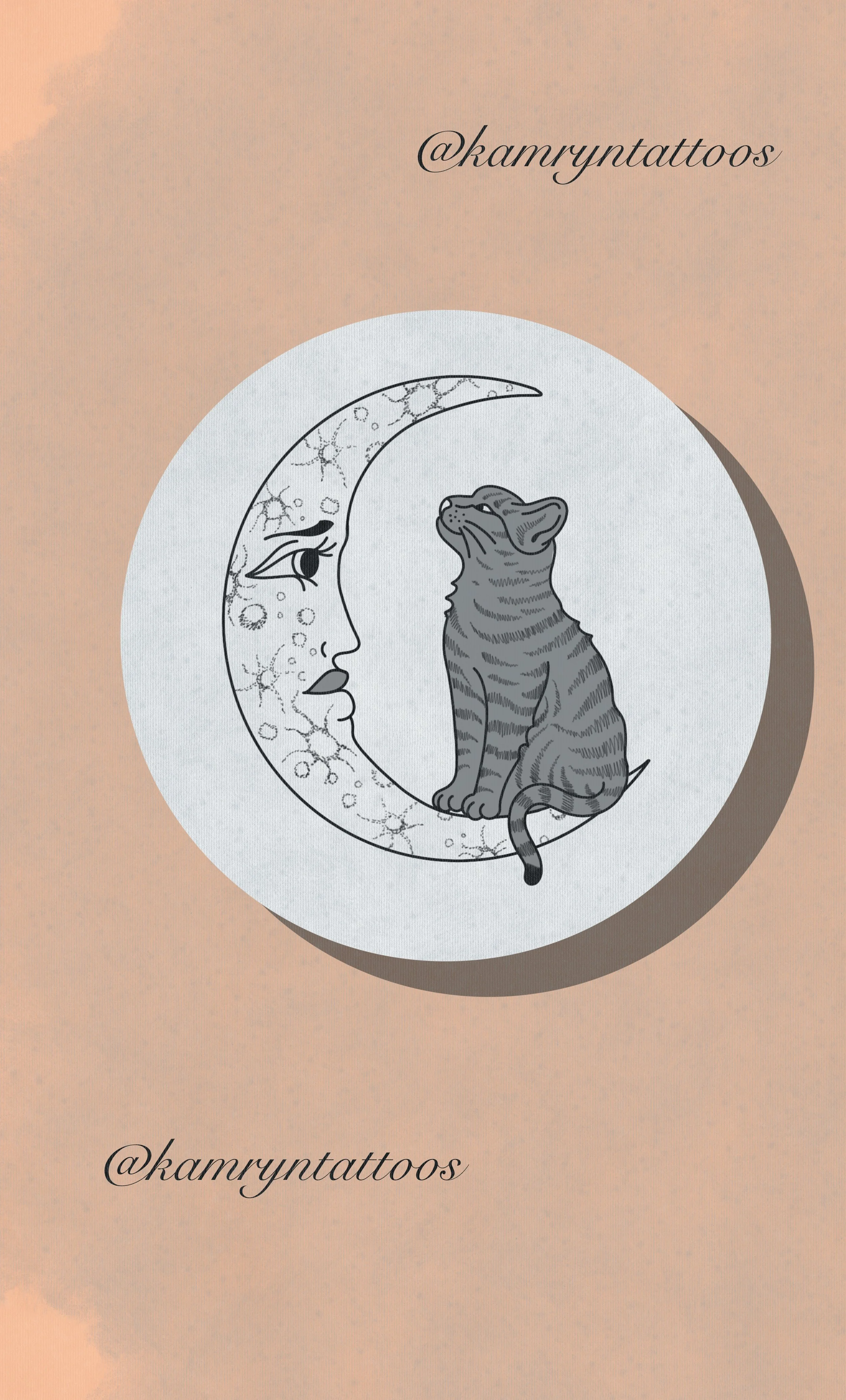 A tattoo design featuring a moon with a human face and a sad expression, intersected by a sitting striped cat. The moon and cat are inside a circular frame against a pink background, with the text '@kamryntattoos' at the top and bottom.