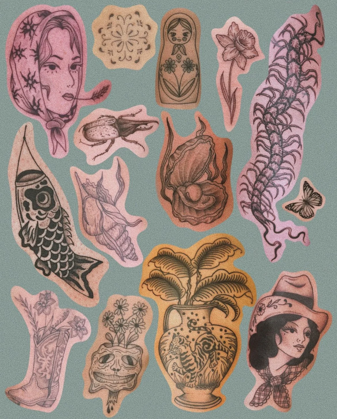 Collection of various tattoo-style illustrations, including a woman with a headscarf, a butterfly, a fish, a skull with flowers, a plant in a vase, a tiger, a spider on a branch, and other floral and nature-inspired designs.