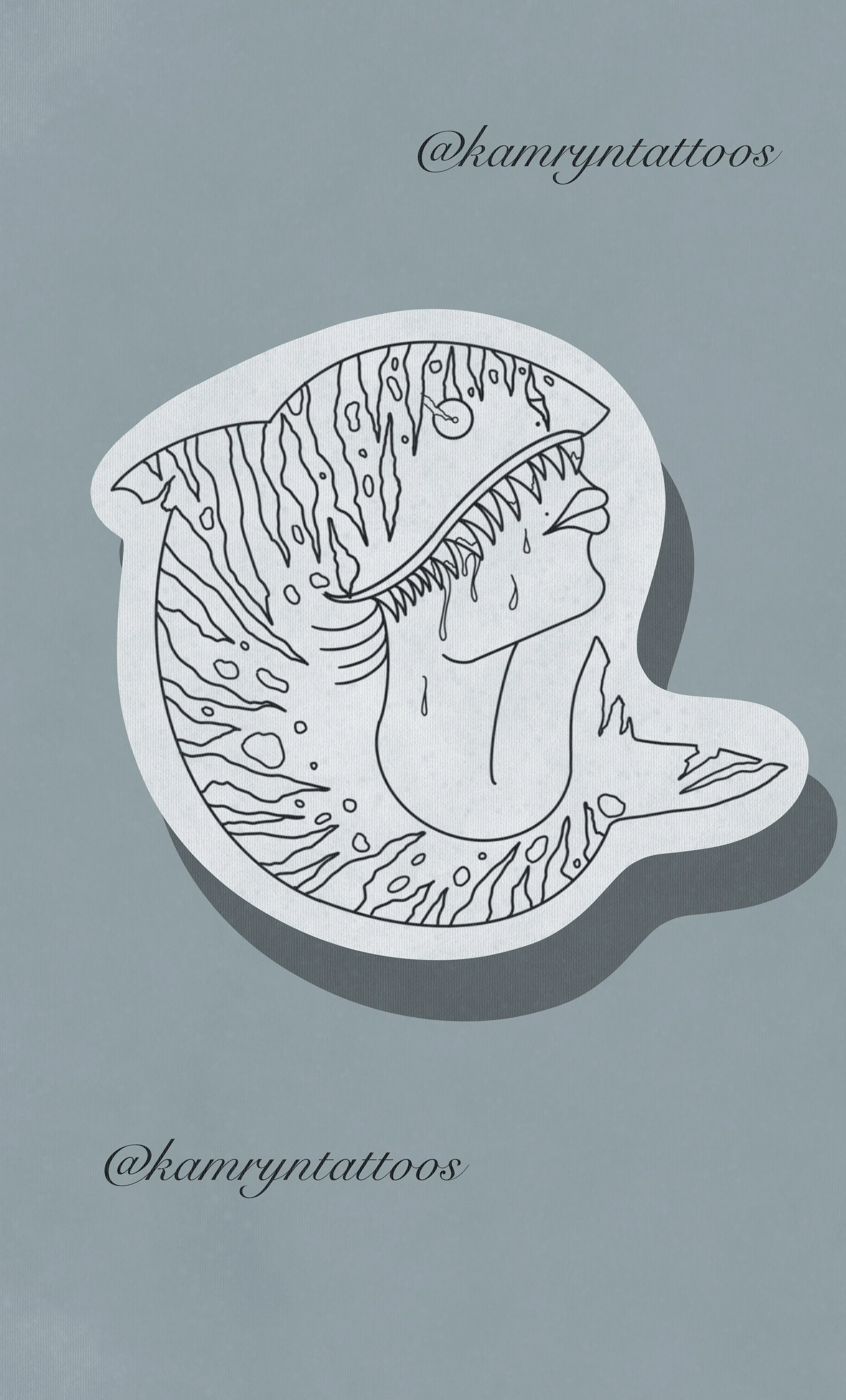 Line art tattoo design of a shark with a person's face inside its mouth, on a light background with the handle '@kamryntattoos' written twice.