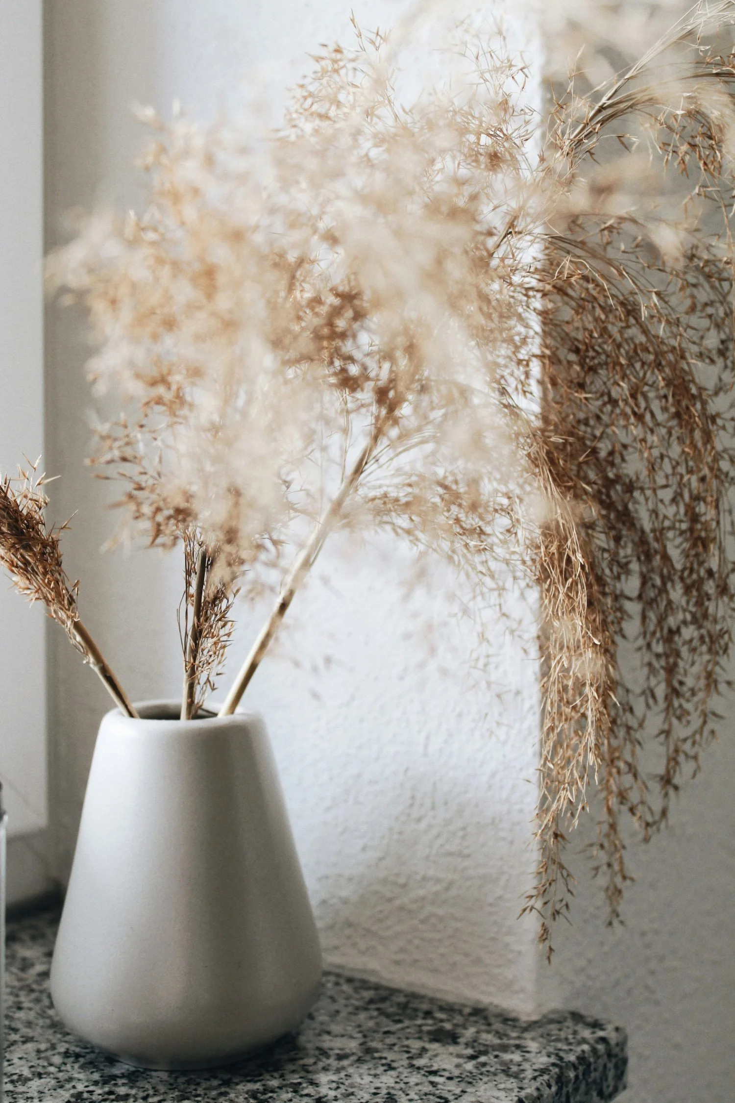 A white ceramic vase with dried beige and brown ornamental grass on a granite surface near a window.