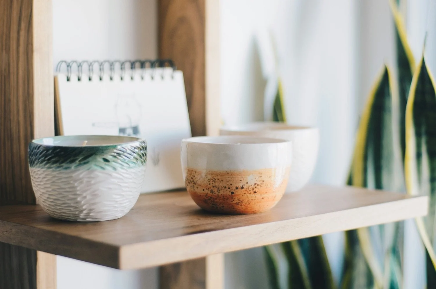 Three ceramic bowls on a wooden shelf with a calendar and green plants in the background.