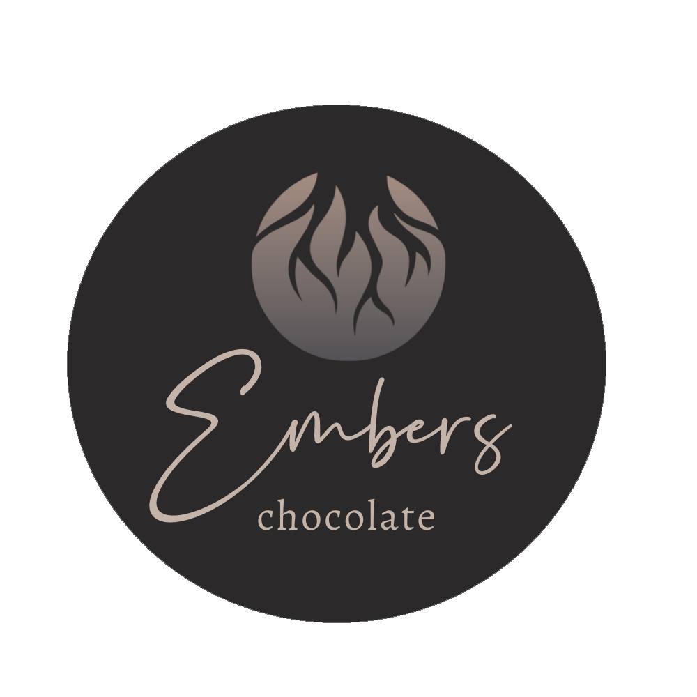 A black circular logo featuring a stylized cocoa pod at the top and the words 'Embers chocolate' in elegant script and lowercase font.