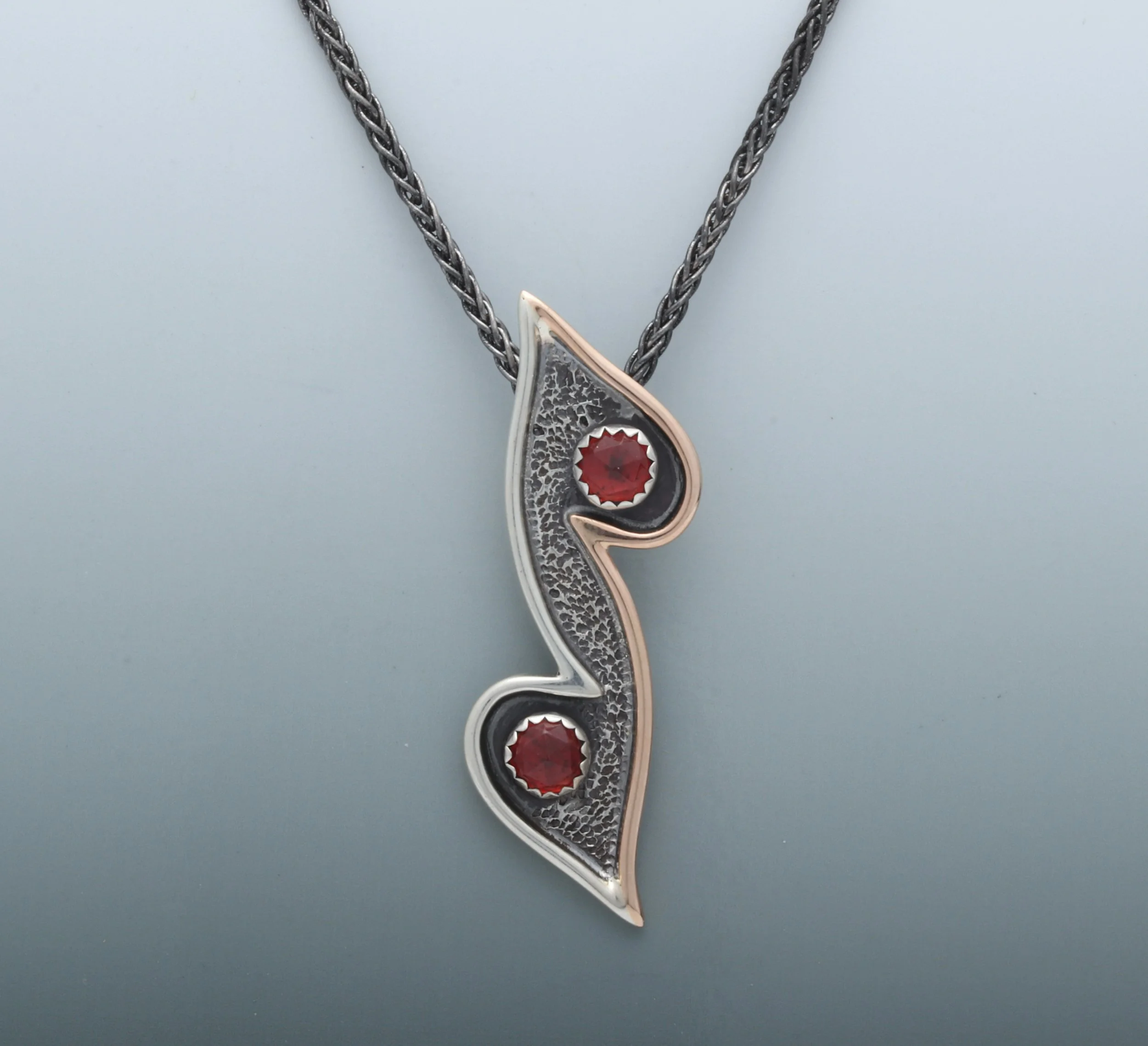 "Sultan" pendant. 14k gold, sterling silver, garnets