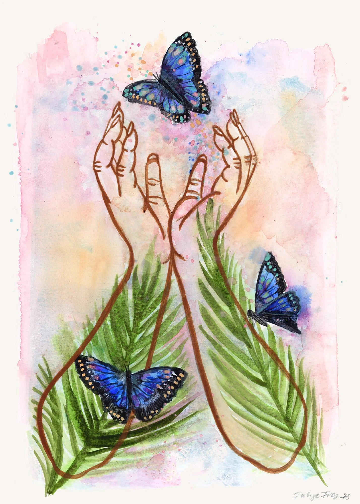 Artwork by Jahje Ives depicting outstretched hands, butterflies, and palm leaves