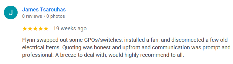 Screenshot of a product review about a modification involving GPOs, switches, a fan, and electrical items.