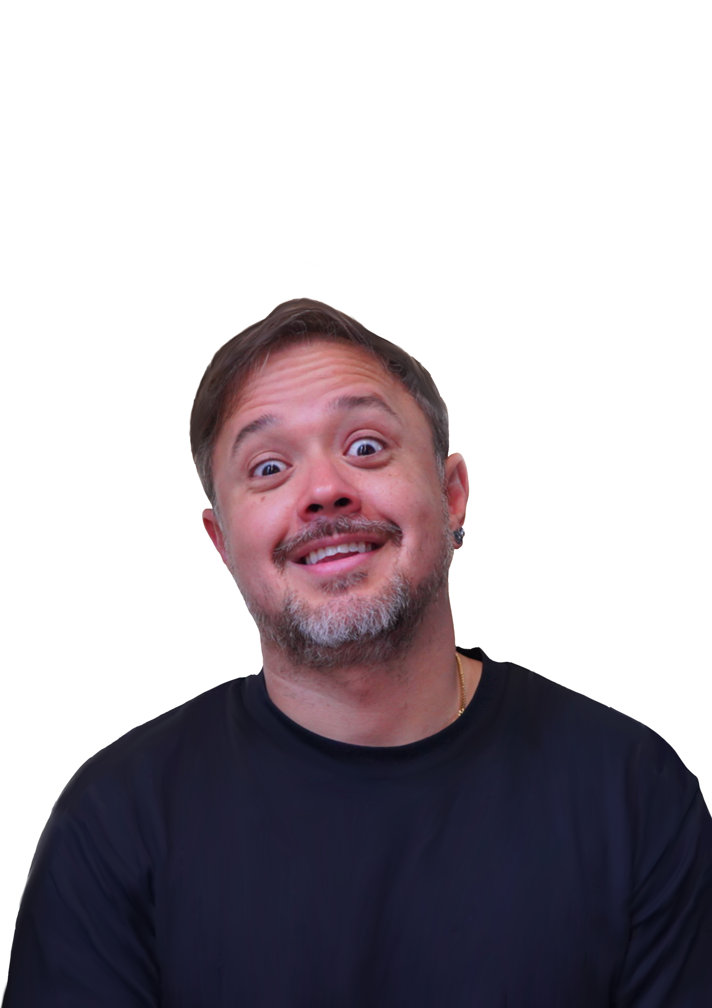 A man with short brown hair, a beard, and mustache, wearing a black shirt, making a playful facial expression with wide eyes and a big smile.
