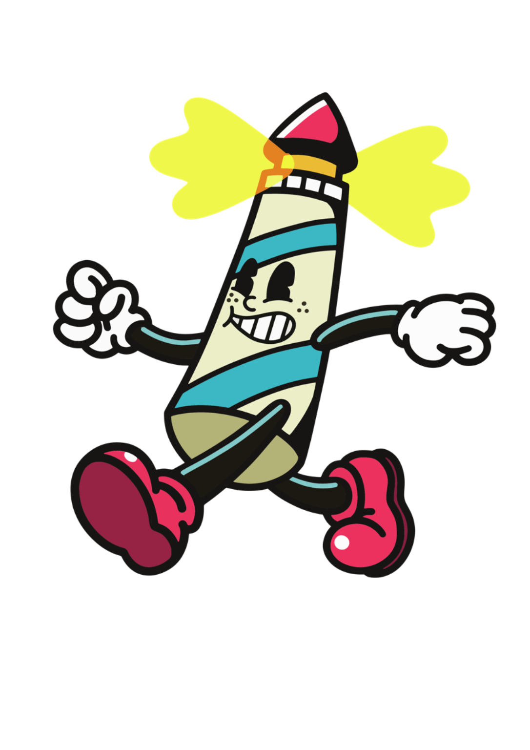 Cartoon animated blue street ink logo character of a lighthouse with a face, arms, and legs, running happily with pink shoes and a red and black cap, and yellow wings on its back.