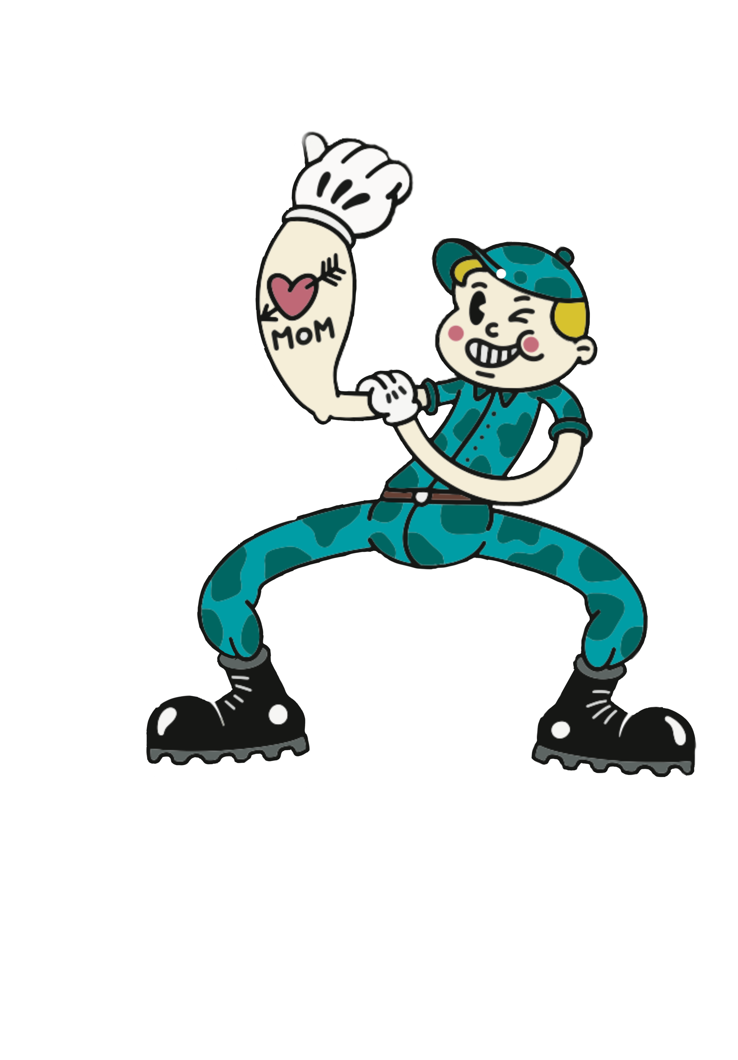 Cartoon character with a large snake body wearing a blue hat and shirt, flexing one arm with a tattoo of a heart and the word 'mom', on roller skates.