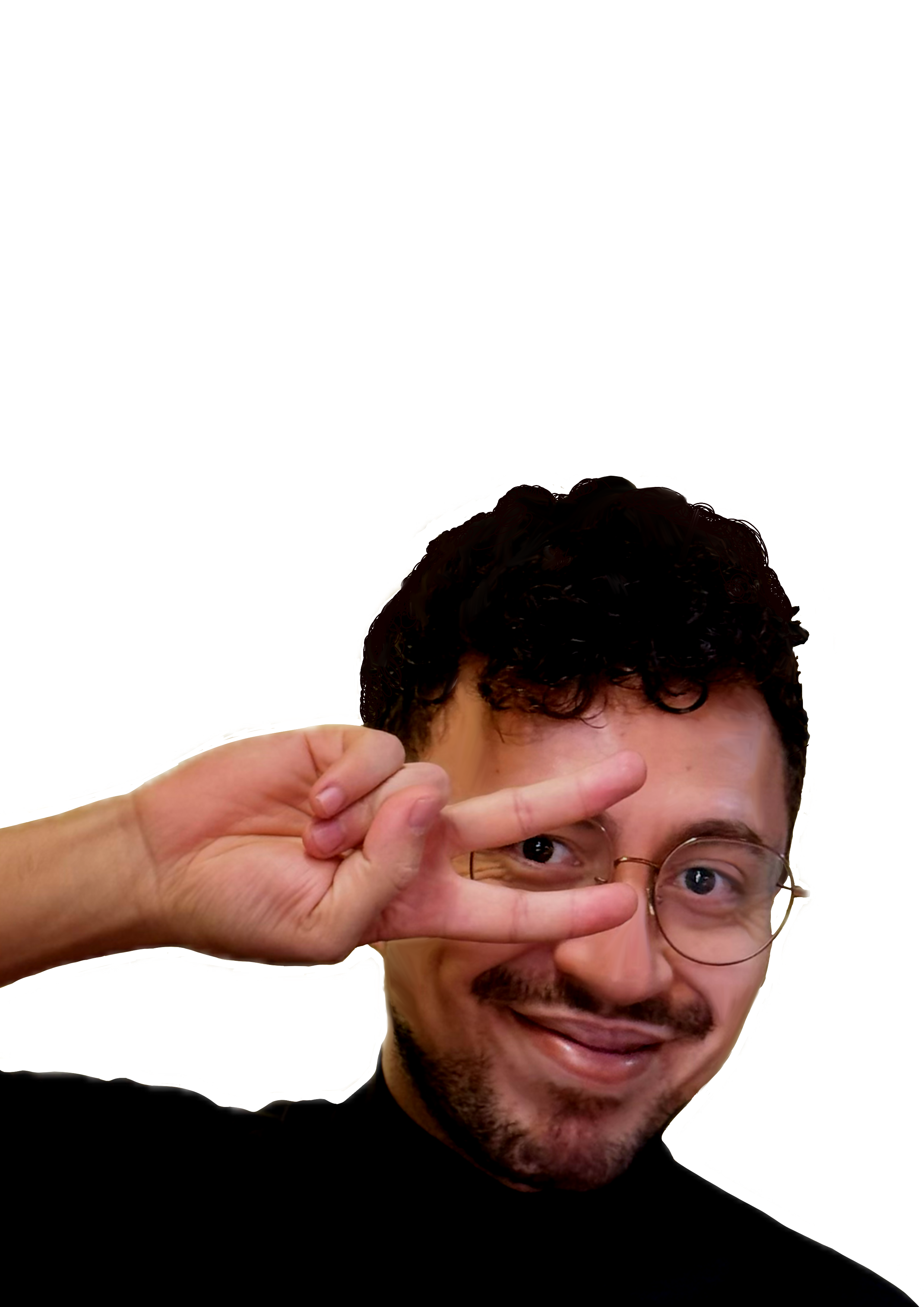 Francisco is a young man with curly hair and glasses making a peace sign with his hand while smiling, against a yellow background.