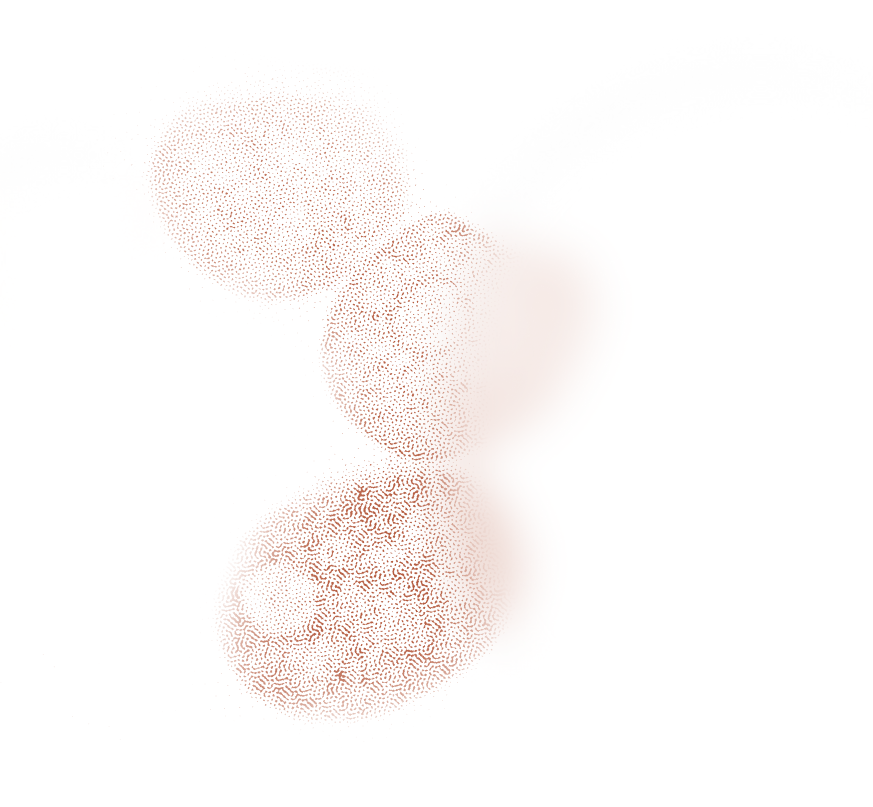 Abstract artistic image with overlapping circular patterns in reddish-brown on a white background.