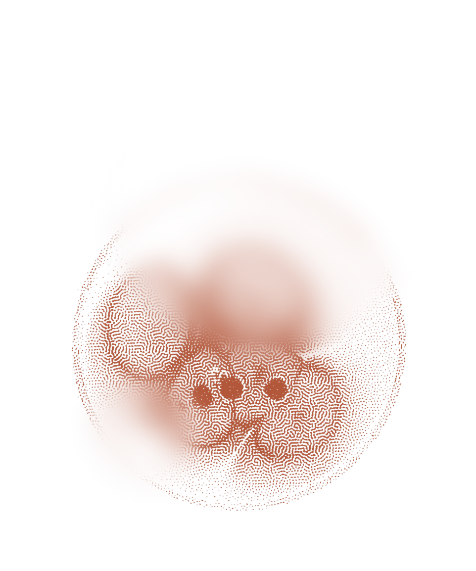 A digitally generated spherical abstract shape with maze-like patterns in shades of red and orange on a white background.