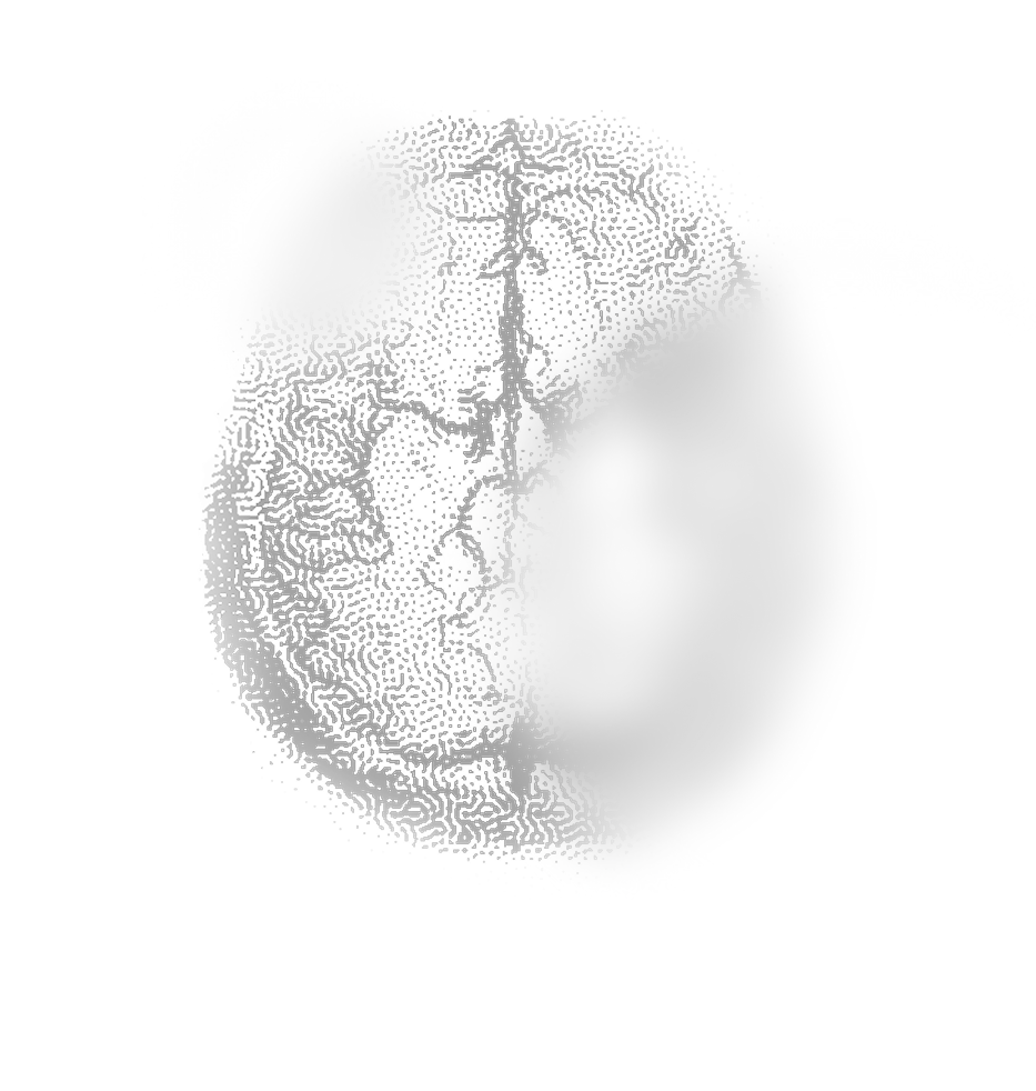 An abstract art piece with a face profile created with dot and line patterns in shades of gray on a white background.