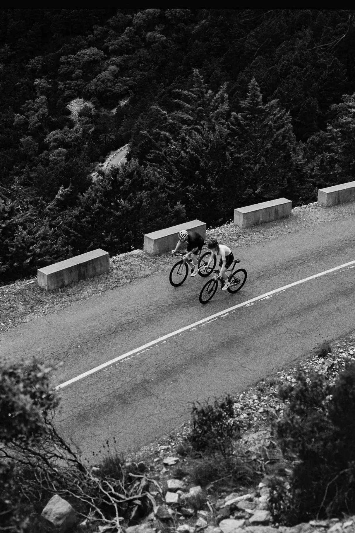 Two cyclists riding uphill on a mountain road with a forested landscape in the background.