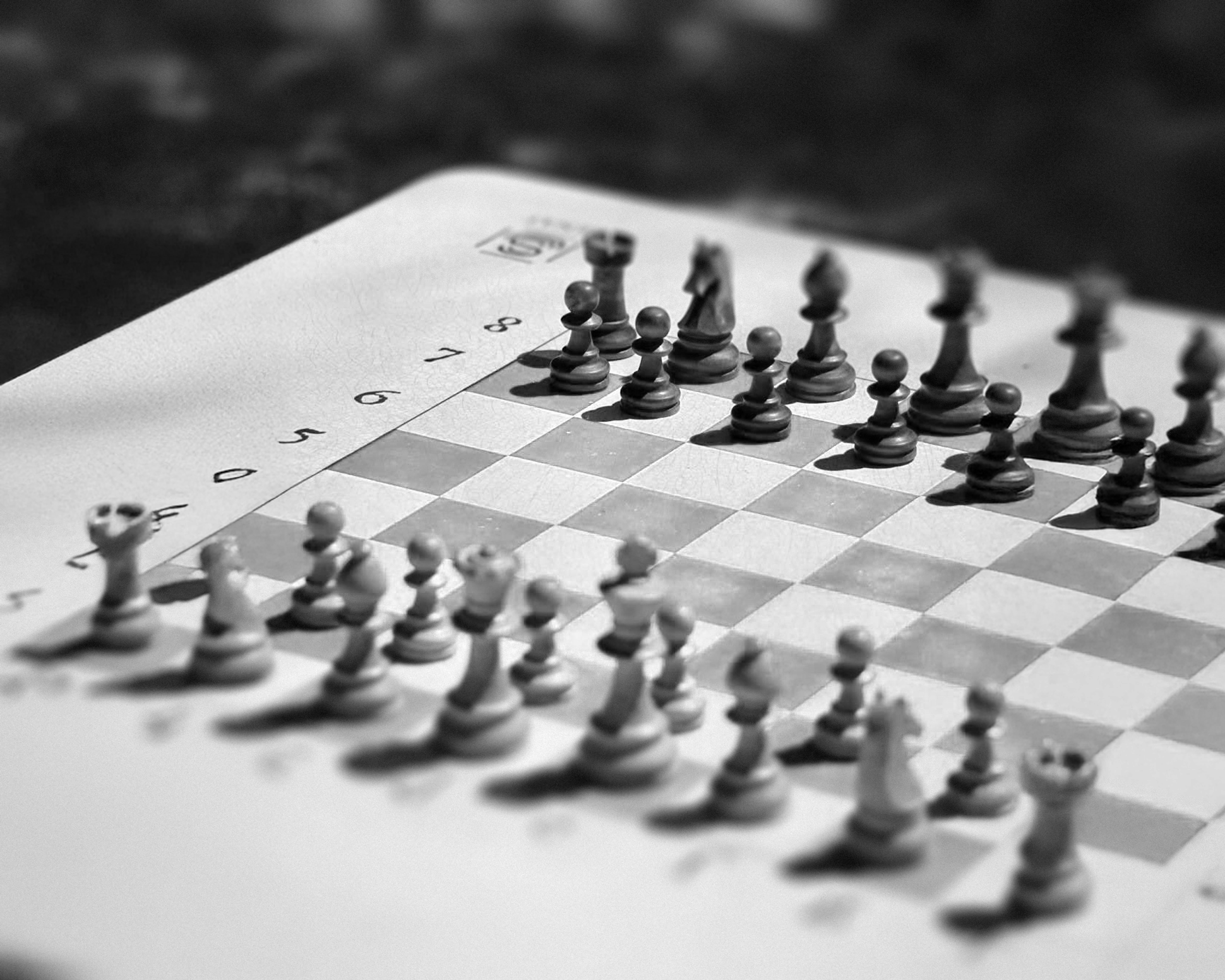 A chessboard with chess pieces arranged for a game in black and white, with shadows cast on the surface.