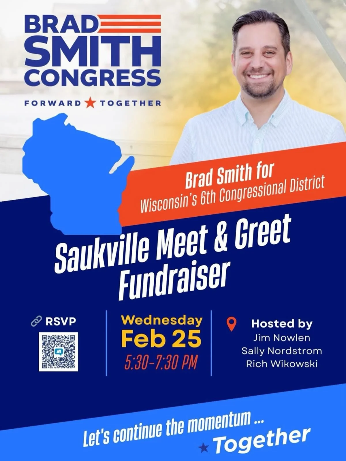 Momentum is building in the 6th! 🇺🇸

Join us in Saukville on Feb 25 to meet Brad, hear his vision for Wisconsin, and keep moving our district forward &mdash; together. 💙

Let&rsquo;s pack the room and show what grassroots energy looks like. #WI06 