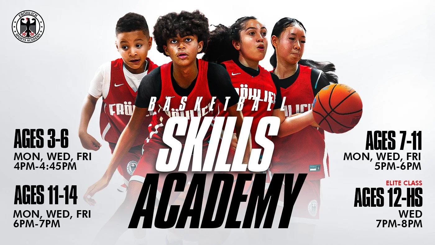 Dark-haired boy and young girl playing basketball, younger boy watching, all in basketball uniforms, promoting basketball skills classes for various age groups with their schedules.