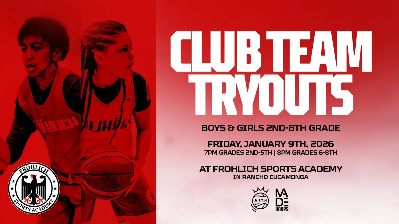 Poster for the boys and girls basketball tryouts at Frohlich Sports Academy on January 9th, 2026, featuring two young female athletes and event details.