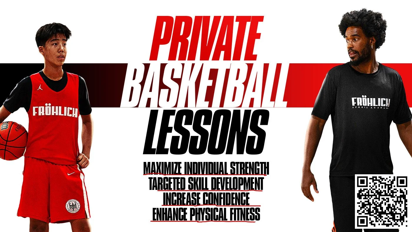 A promotional poster for private basketball lessons featuring a young male basketball player in a red jersey holding a basketball on the left, and an adult male coach in black athletic wear with 'FRÖHLICH Sports Academy' on the right. Text in the cen