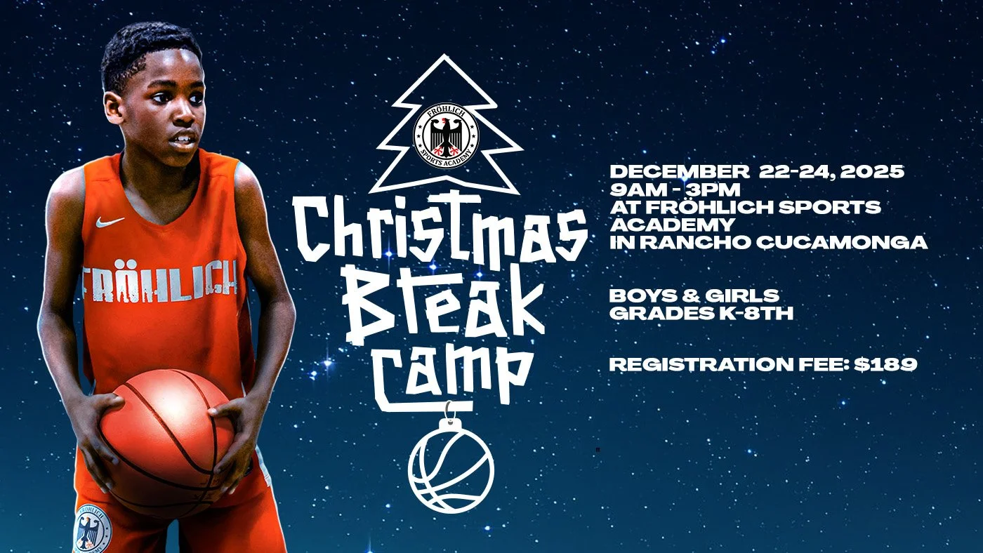 A flyer for a Christmas basketball camp at Fröhlich Sports Academy in Rancho Cucamonga, but it features a child holding a basketball,  with a blue background, bold white text, and a logo with an eagle.