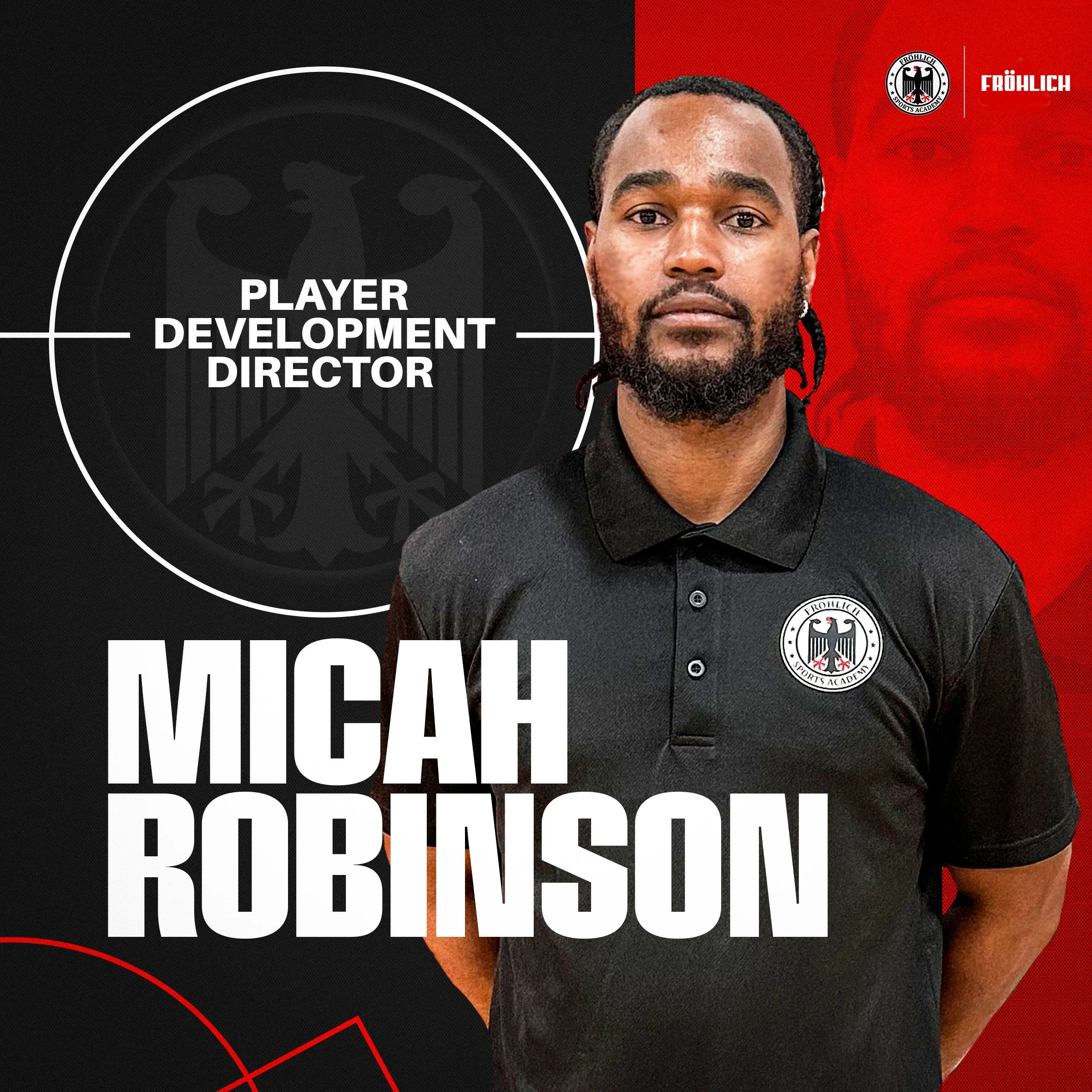 Portrait of Micah Robinson wearing a black polo shirt with a sports academy logo, with text indicating his development director role and his name, against a background with red, black, and white elements and the German national team emblem.
