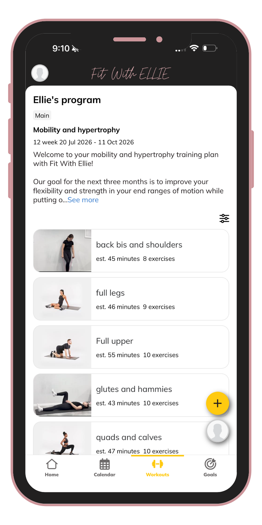 Mobile app screen displaying Ellie's fitness program, including exercises for back, legs, upper body, glutes, and calves with estimated durations and number of exercises.