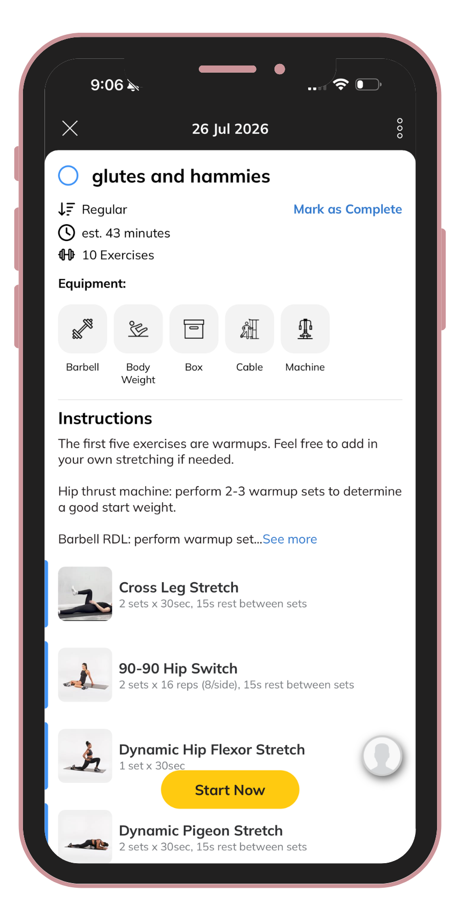 Screen displaying a workout plan titled 'glutes and hamstrings' with exercises, equipment icons, and instructions on a mobile app.