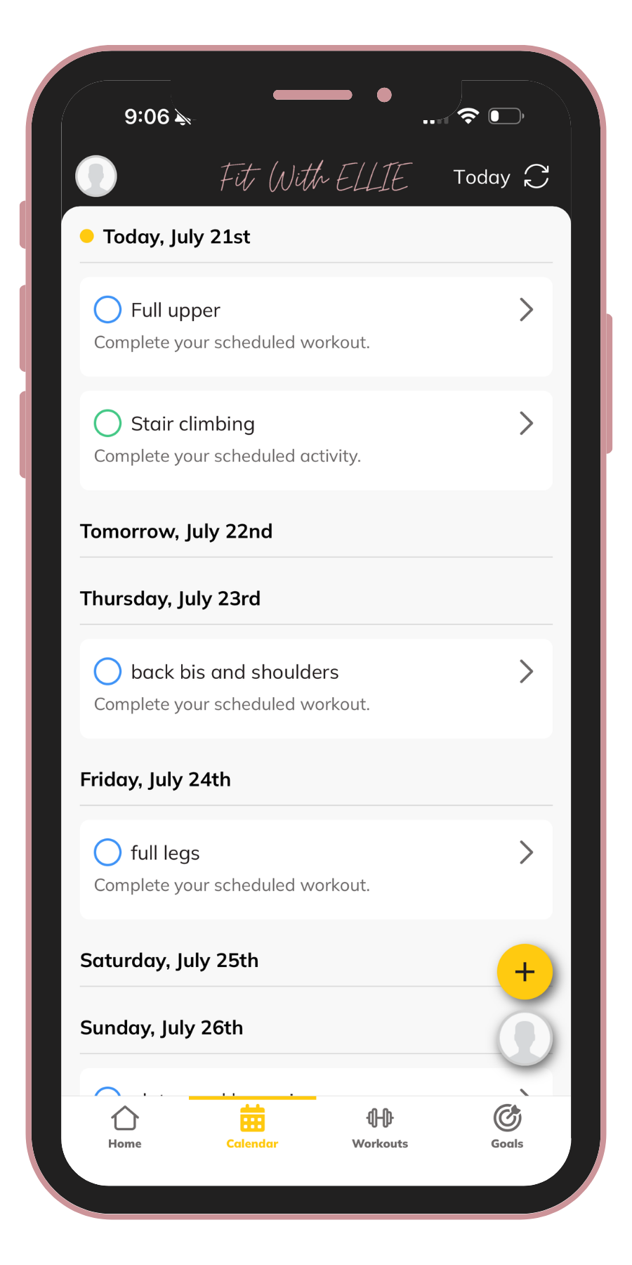 Mobile app screenshot of a fitness calendar titled "Fit With ELLIE" showing scheduled workouts for July 21st to July 26th, including "Full upper," "Stair climbing," "back bis and shoulders," and "full legs," with navigation icons at the bottom for Home, Calendar, Workouts, and Goals.