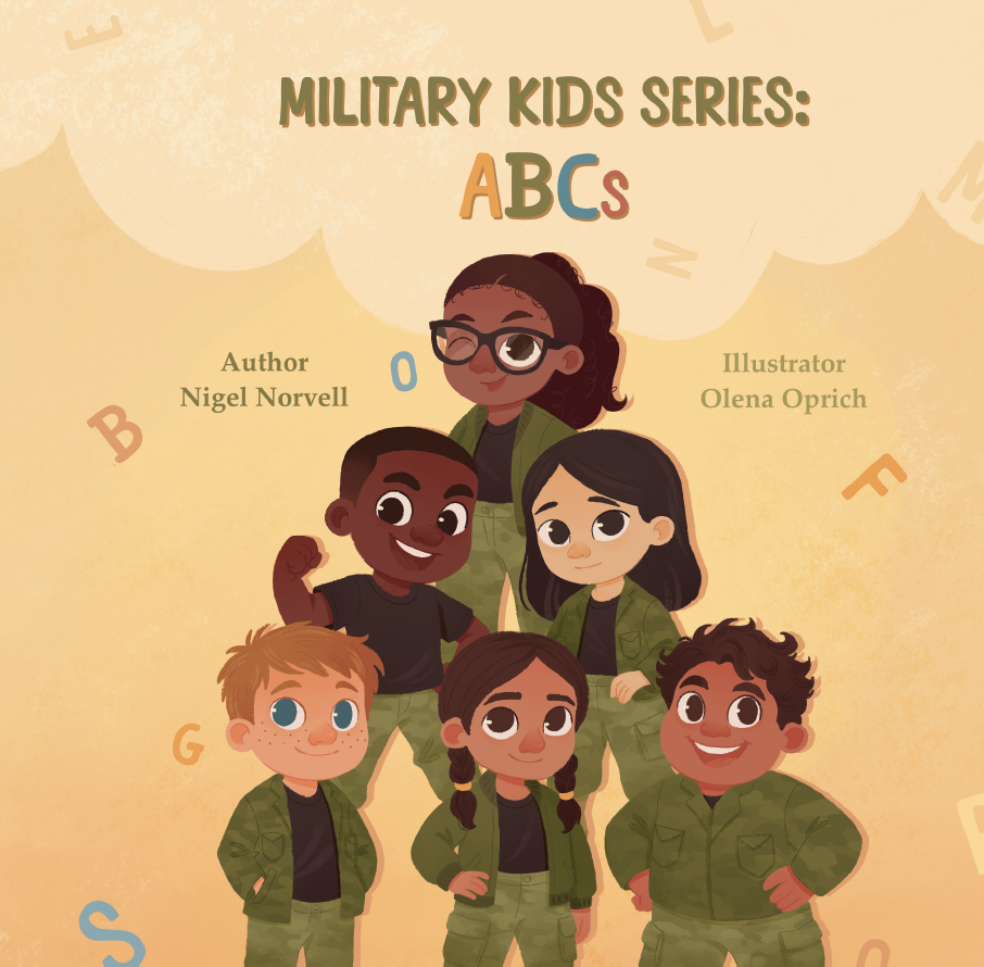Cover of a children's book titled "Military Kids Series: ABCs" featuring five diverse children in military uniforms, with a light orange background and scattered alphabet letters.