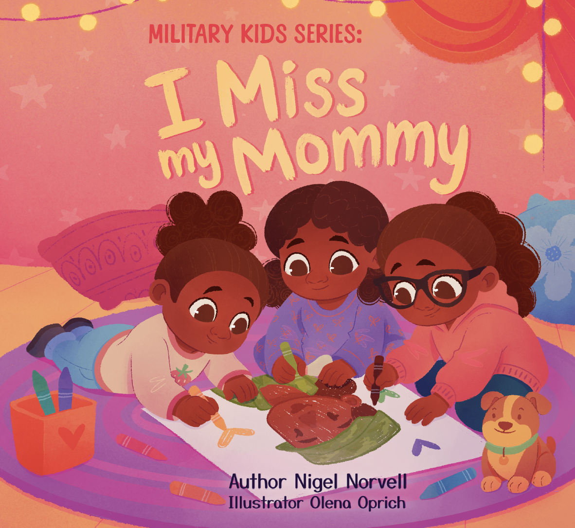 Three young children drawing on a large sheet of paper with crayons, surrounded by colorful decorations and a toy dog; the book title 'I Miss my Mommy' is displayed at the top, with text indicating it's part of the 'Military Kids Series.'