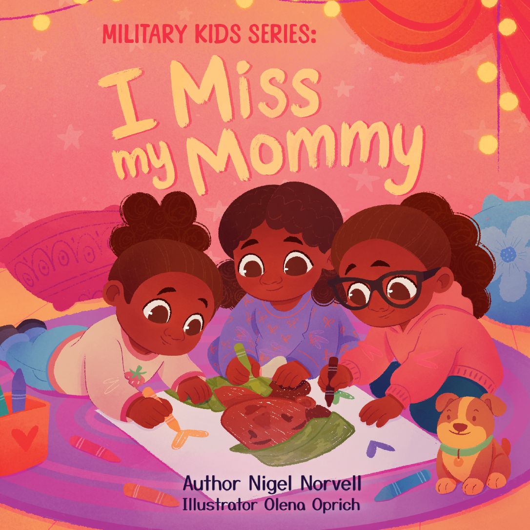 Children lying on a colorful blanket, drawing and coloring on a large piece of paper with markers. A dog toy or stuffed animal is nearby. The book cover features the title 'I Miss my Mommy' and mentions 'Military Kids Series.'
