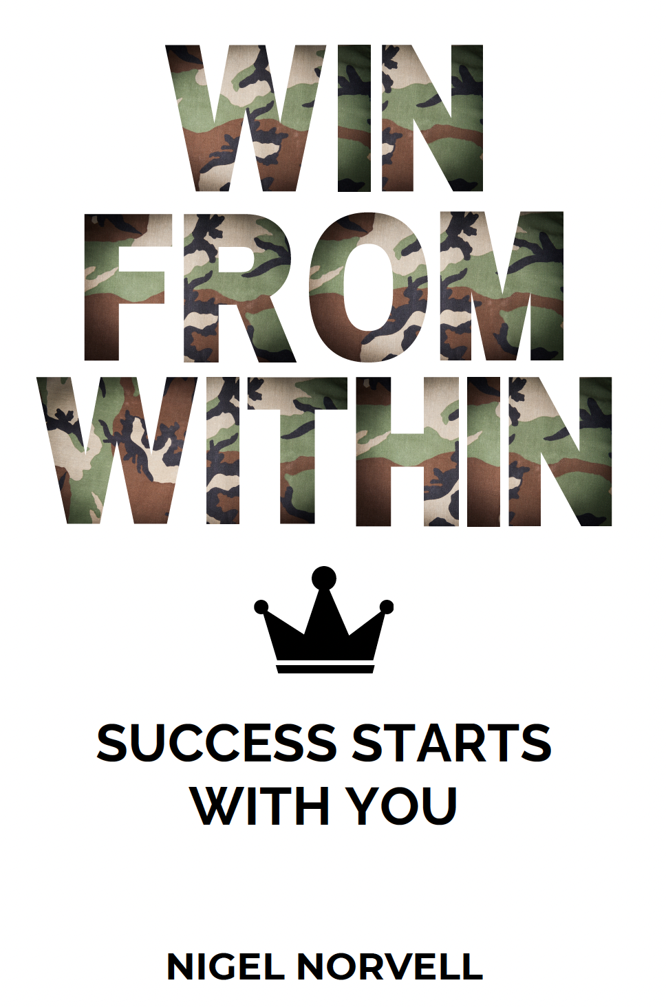 Book cover with the title 'Win From Within' in large camouflage-style letters, a black crown icon, and the subtitle 'Success Starts with You' along with the author name 'Nigel Norvell' at the bottom.