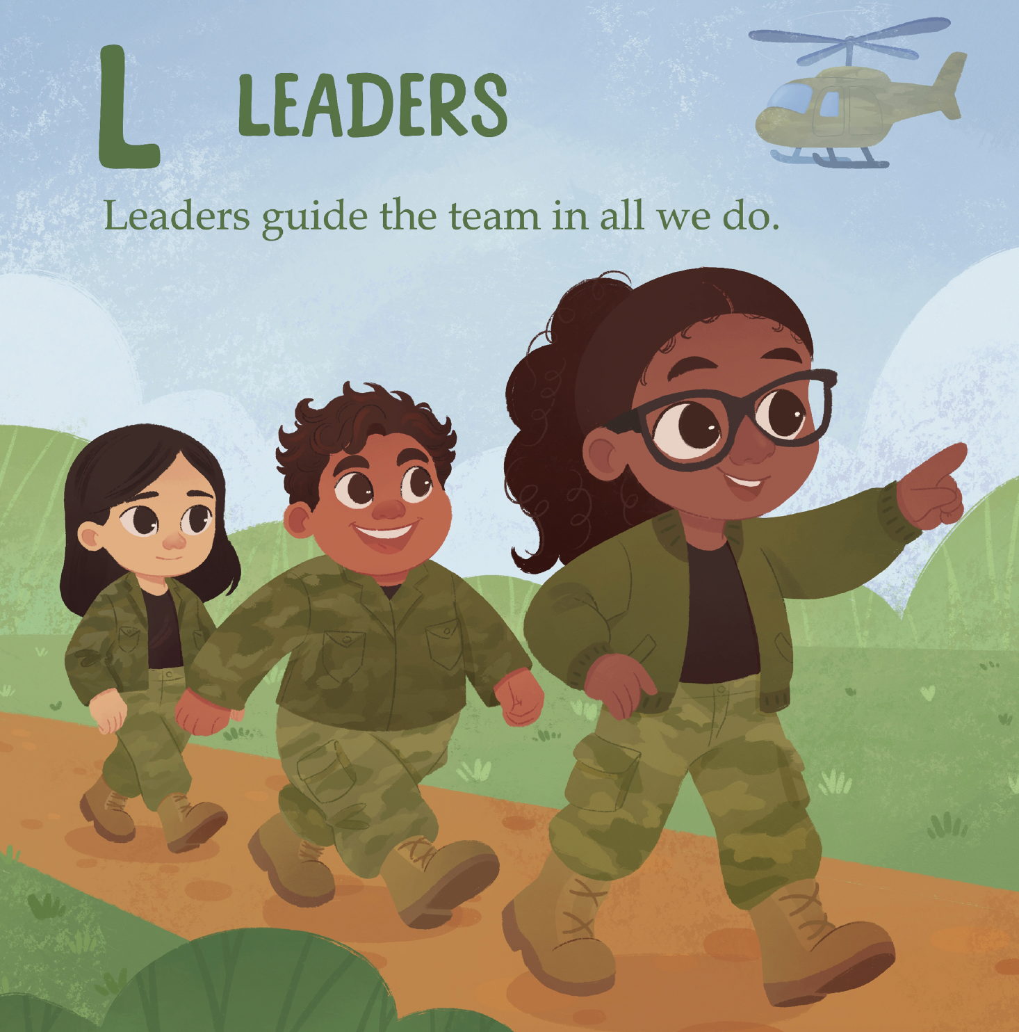 Three children in military camouflage uniforms walking along a dirt path in a grassy outdoor area, with a military helicopter flying in the sky above. The children are smiling and appear to be leading a team, with one girl with glasses pointing forwa