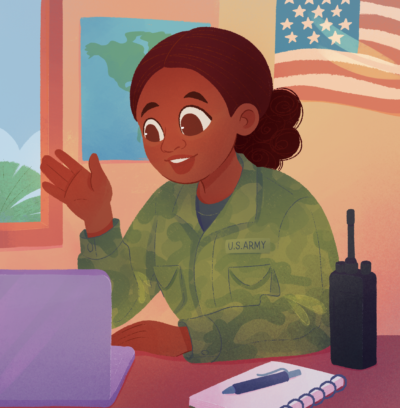 A woman in U.S. Army uniform waving and smiling while sitting at a desk with a laptop, a pen, and notepad. Behind her are a world map, an American flag, and a U.S. Army radio.