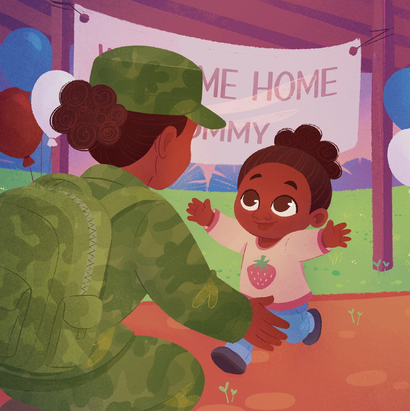 A young girl with her arms wide open kneels in front of a woman in military uniform at a welcoming home event, with balloons and a banner in the background reading 'Welcome Home Jimmy.'