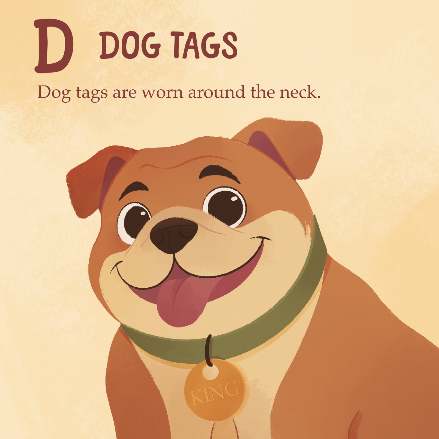 Illustration of a happy dog wearing a green collar and a gold badge that says 'KING'.