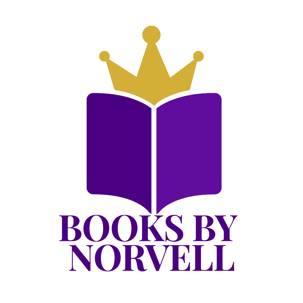 Logo featuring an open purple book with a gold crown above it, and the text 'BOOKS BY NORVELL' beneath.