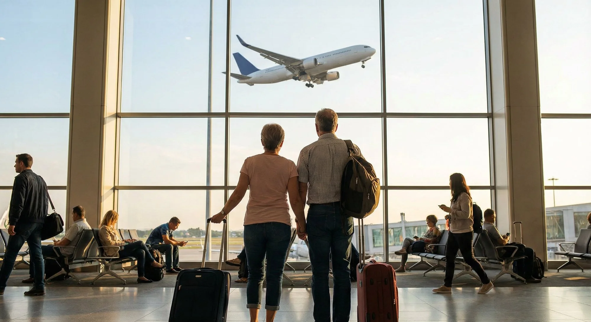 Couple holding hands with rolling suitcases standing in airport terminal, plane landing outside large window, other travelers seated and walking.