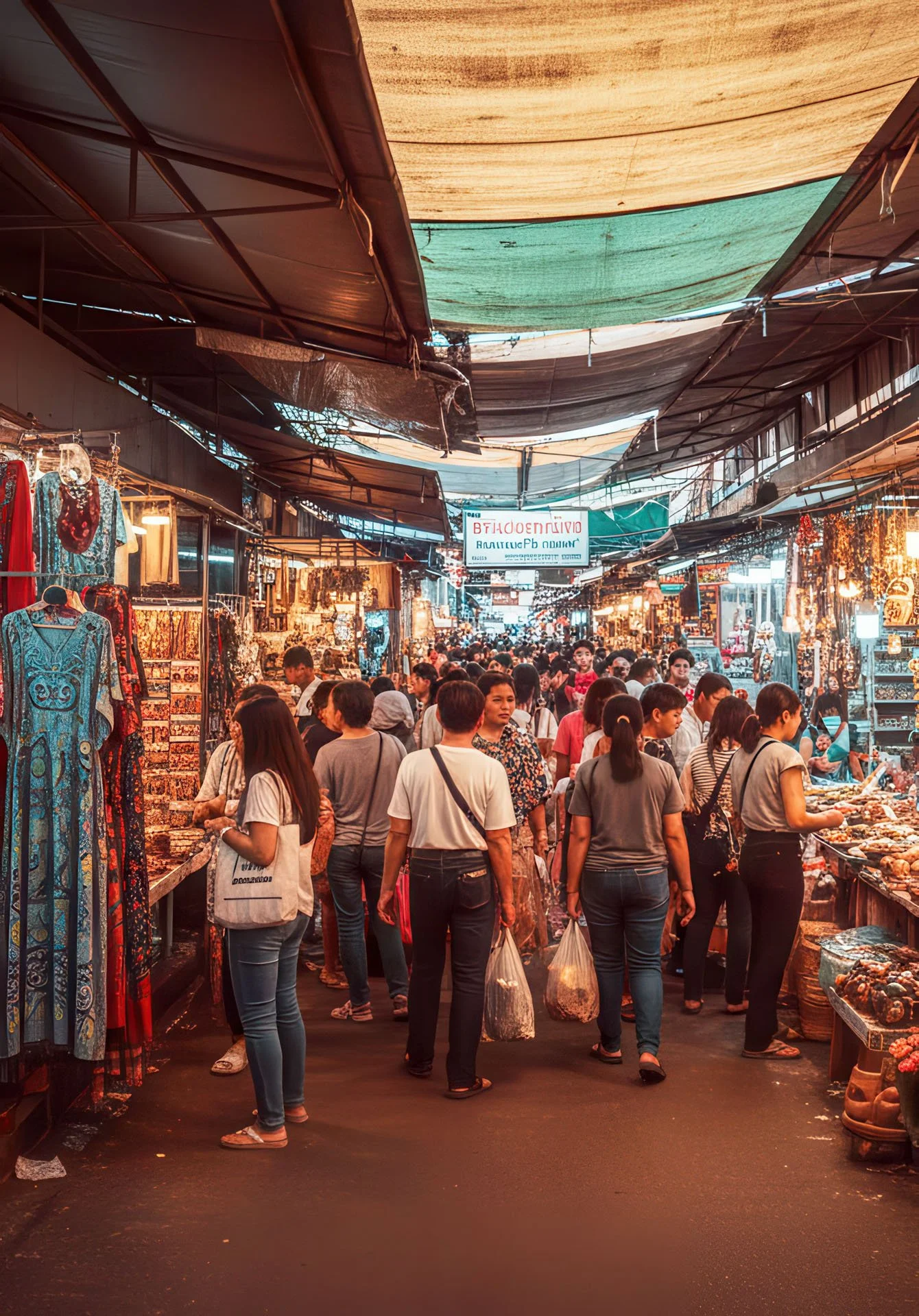 A busy market street with numerous vendors selling clothing, jewelry, and decorative items. Shoppers browse and walk along the narrow, covered walkway lined with stalls on both sides under colorful canopy shades.
