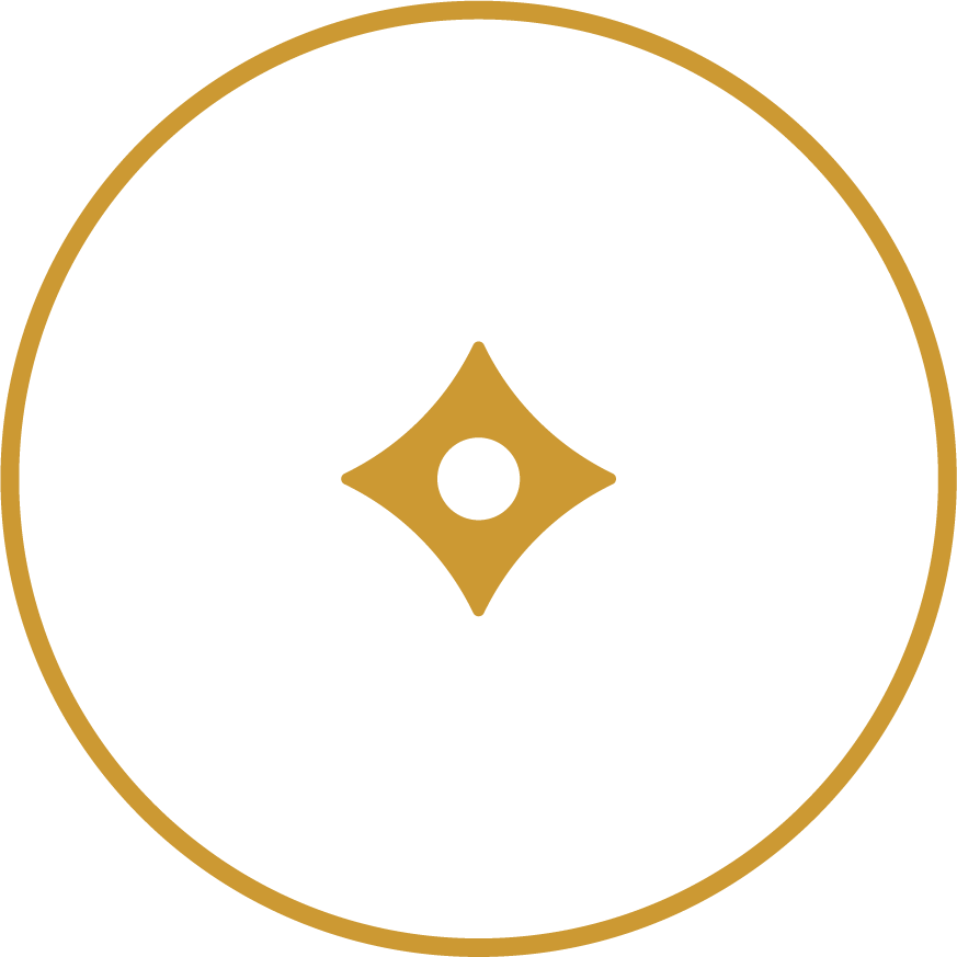 Black circle with a gold border and a gold star-shaped emblem with a black circle in the center.