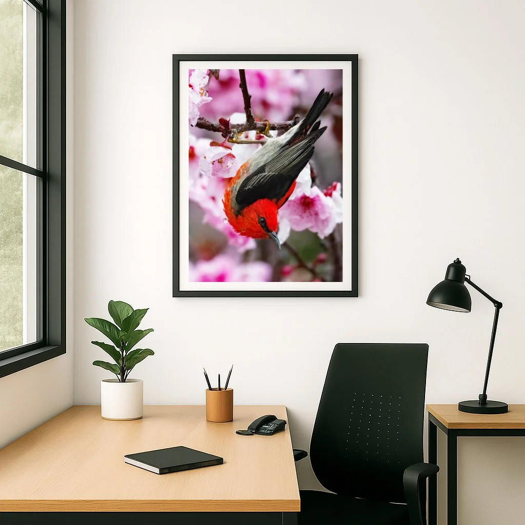 A framed picture of a bird with red and gray feathers perched on pink blossoms hangs on a white wall in a modern office or living space. The room features a desk with a potted plant, a notebook, a pen holder, a telephone, and a black desk lamp.