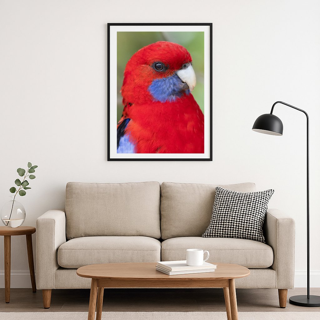 A framed photograph of a colorful red and blue parrot hangs on a white wall above a beige sofa in a modern living room. The room features a black floor lamp, a small wooden side table with a glass vase and plant, and a houndstooth patterned pillow on the sofa.