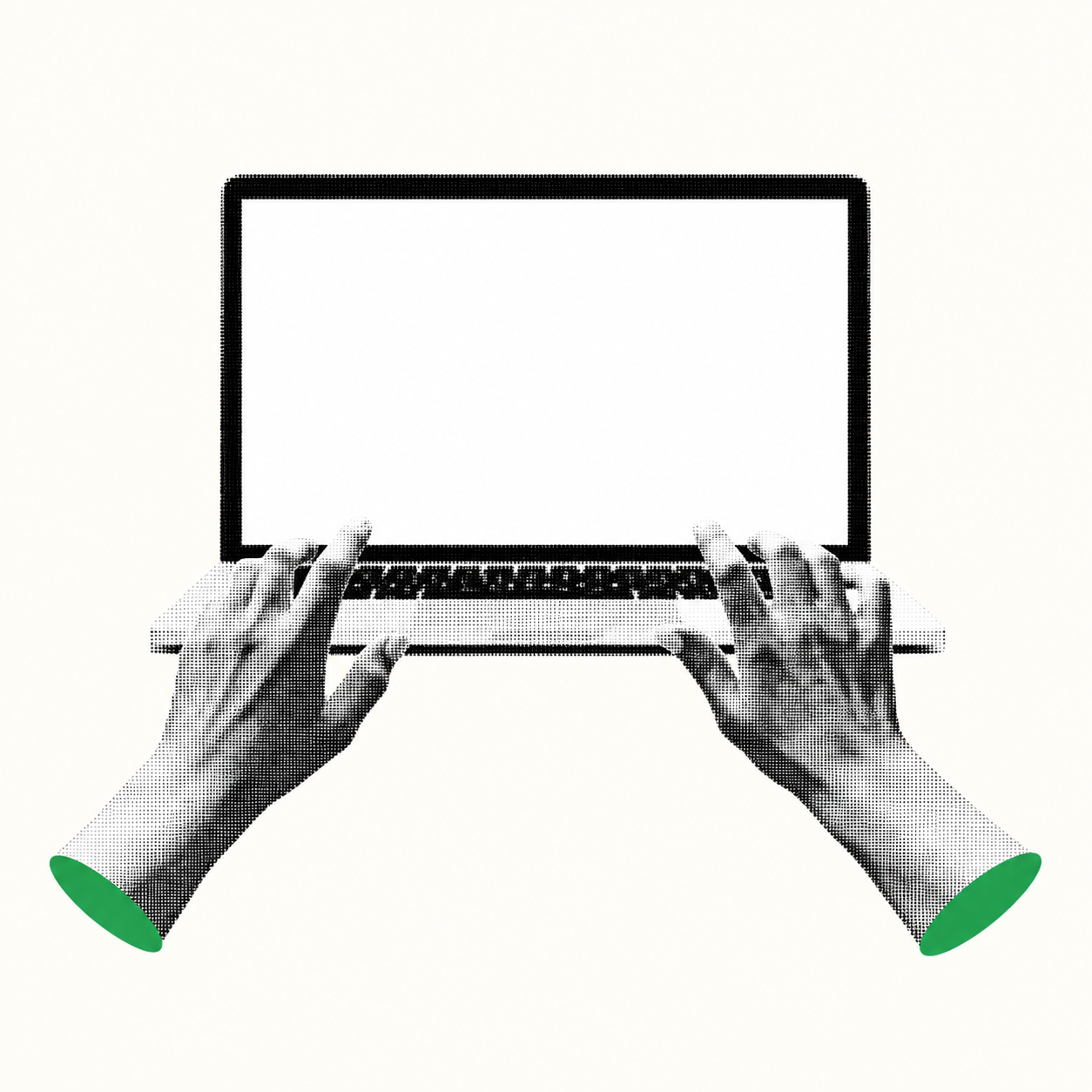 Black-and-white halftone hands typing on a laptop with green cuffs.