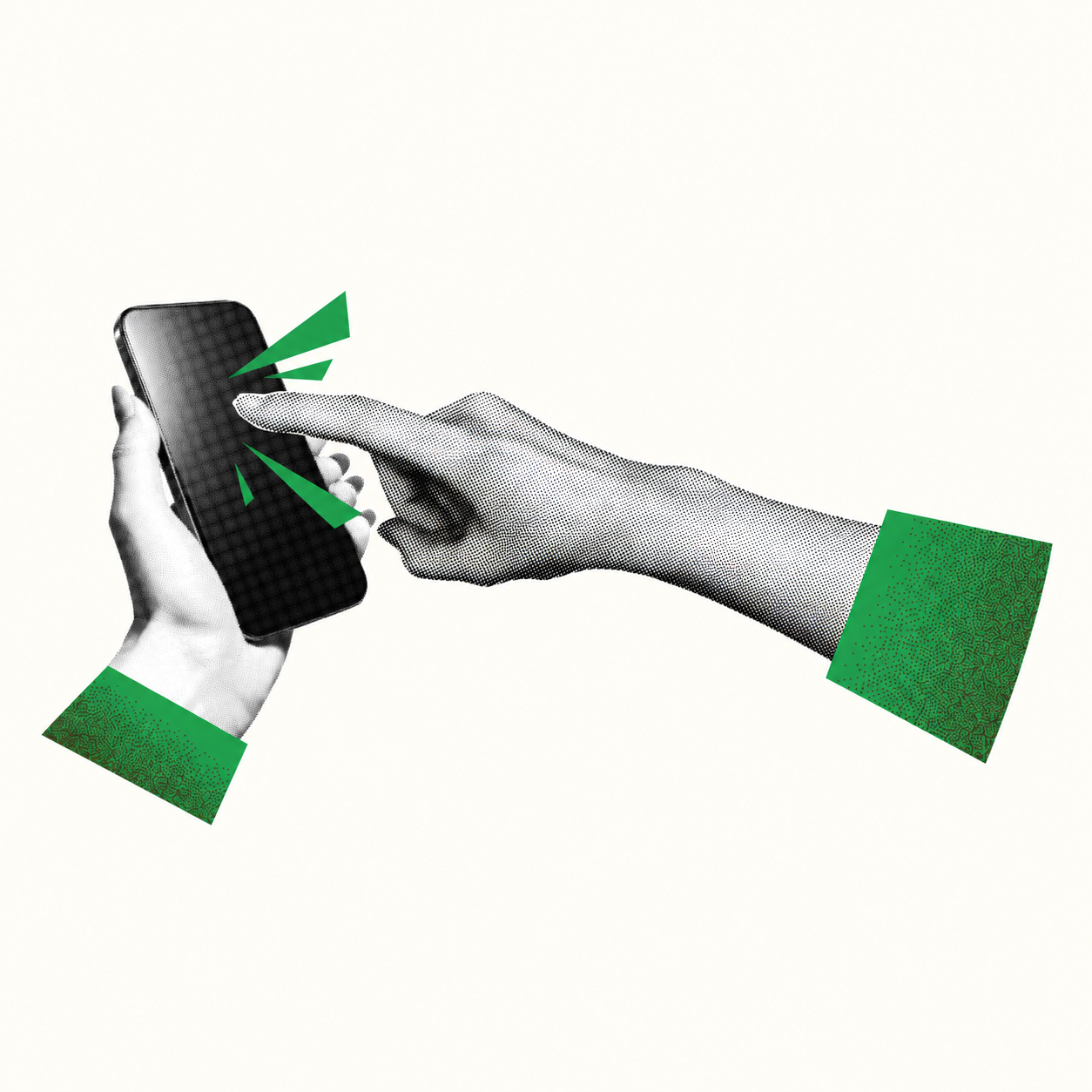 Black-and-white halftone hands using a smartphone with green accents.
