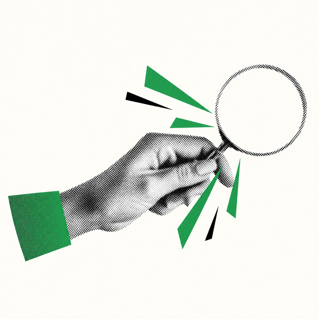 Black-and-white halftone hand holding a magnifying glass with green accents.
