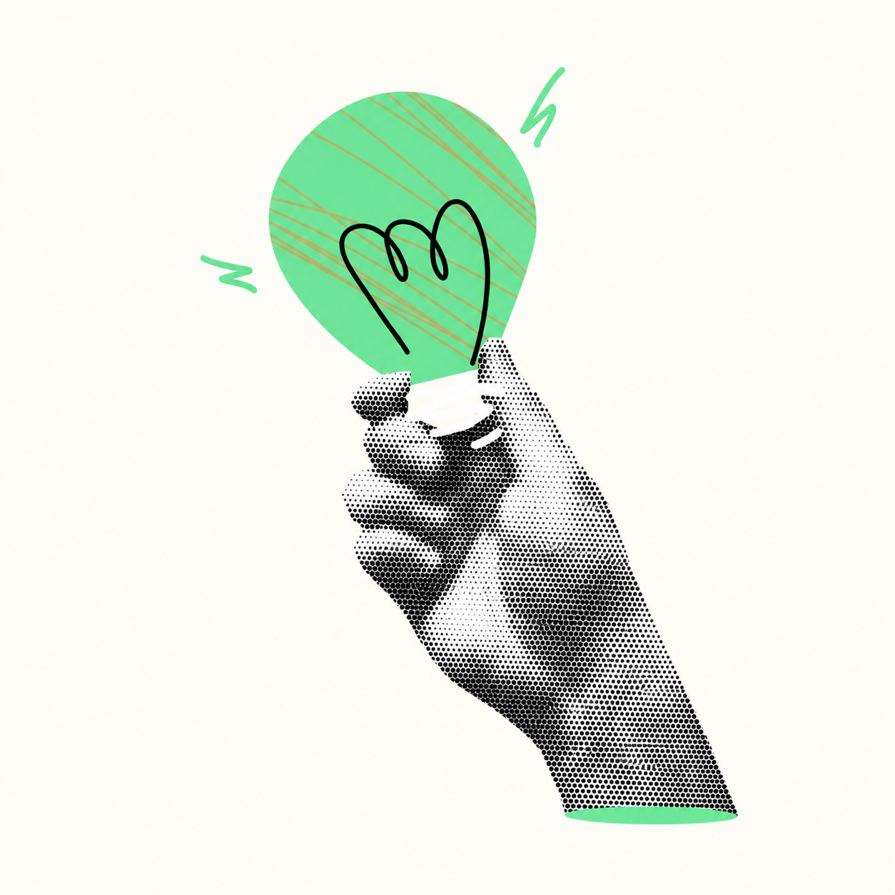 Black-and-white halftone hand holding a green lightbulb.